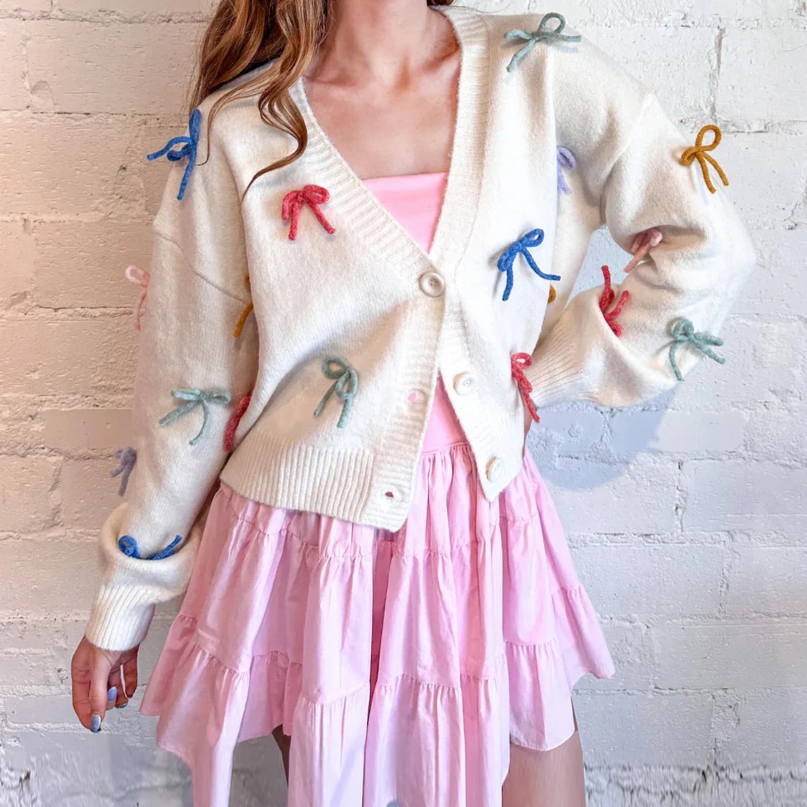 Hnewly y2k Cardigan Women Stylish 3D Bow V Neck Button Down Long Sleeve Sweater Jacket Top 2000s Aesthetic Clothing Streetwear