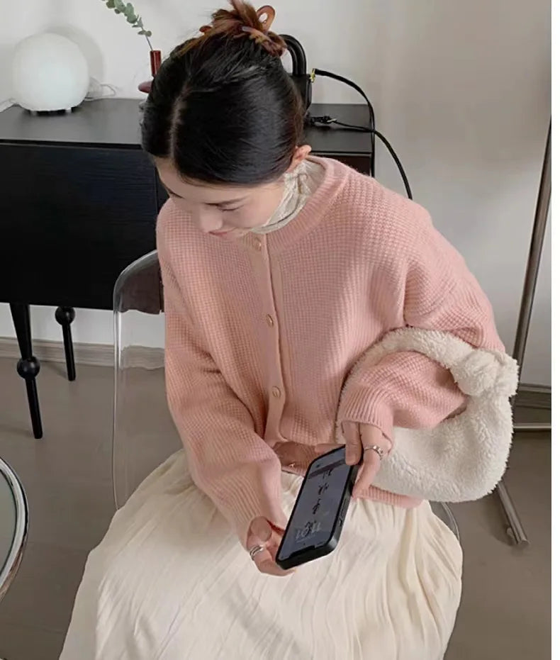 Hnewly  Autumn Winter Sweet Sweater Simple O-Neck Solid Short  Office Lady Cardigan Coat Metal Single Breasted Long Sleeved Outwear