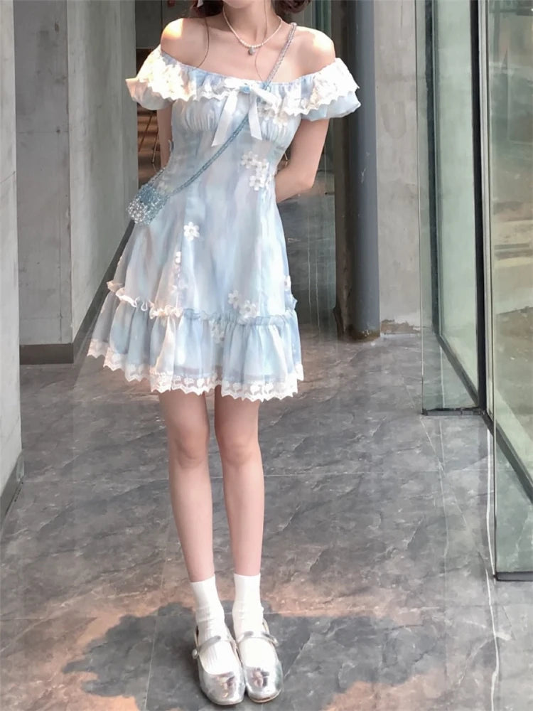 Hnewly Kawaii Japanese dress lolita y2k Sweet Blue Floral Dress Women Casual Evening Party One Piece Dress Korean Fashion Summer