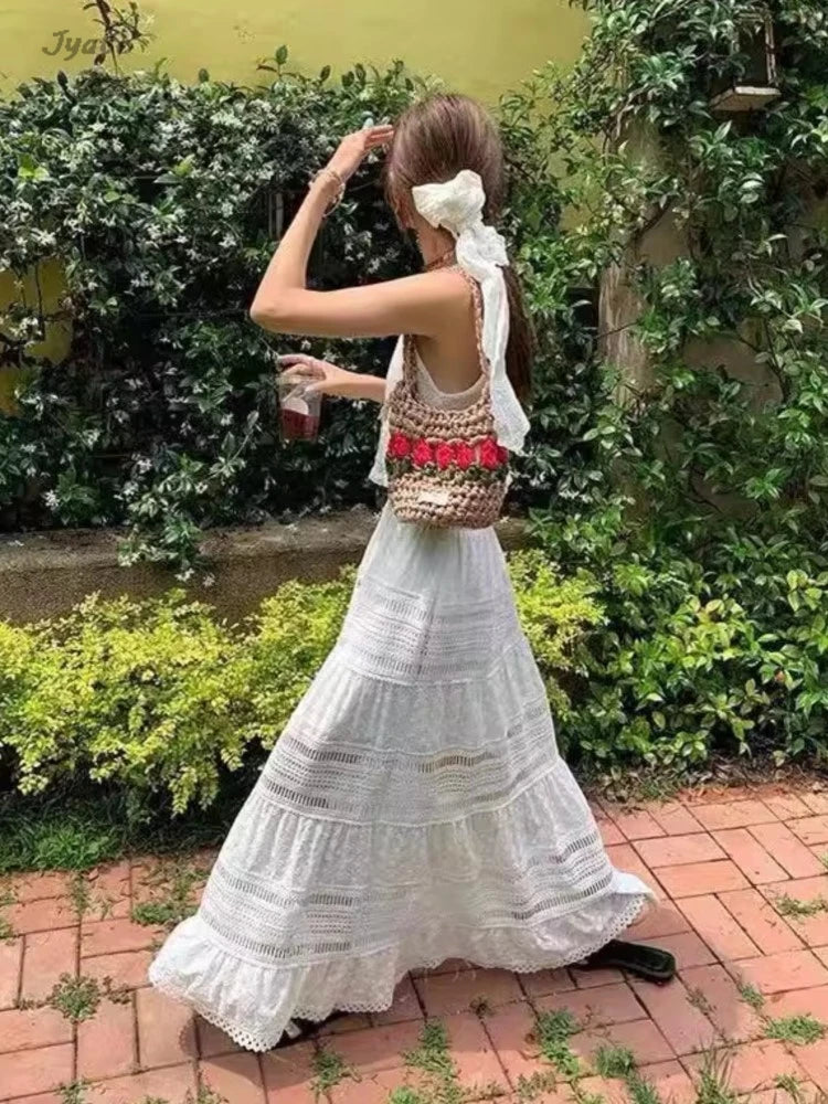Hnewly   Hollow Lace Spliced White Long Skirt 2025 Spring Summer New Elastic Waist Cotton A-line Vacation Beach Boho Skirt