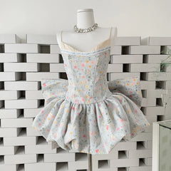 Hnewly  Girls' Floral Print Fishbone Bub Dress Spaghetti Strap Birthday Dress Sleeveless Short Dresses with Shorts Bow Vestidos Mujer