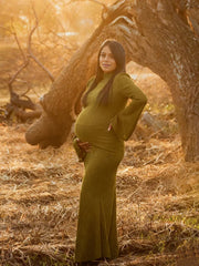 Hnewly  Maternity Photography Dress Textured Flared Sleeve Maxi Gown for Outdoor Pregnancy Photo Shoot Elegant Maternity Photo Outfit