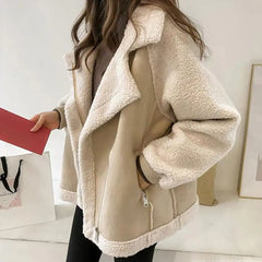 Hnewly aspen outfits winter  Fall Winter Women Jacket Thick Heat Retention Loose Women Coat Turn-down Collar Long Sleeves Lambswool Windproof Coat