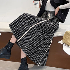 Hnewly  Elegant Mix Color Plaid Skirts Women Fashion Button Knitted Skirts for Woman Spring Autumn High Waist A-Line Skirt Female