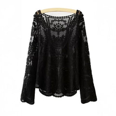 Hnewly  Boho Lace Top with Paisley Embroidered Long Sleeve See-through Blouse Openwork Mesh Top Women Summer Cover Up Vacation Outfit