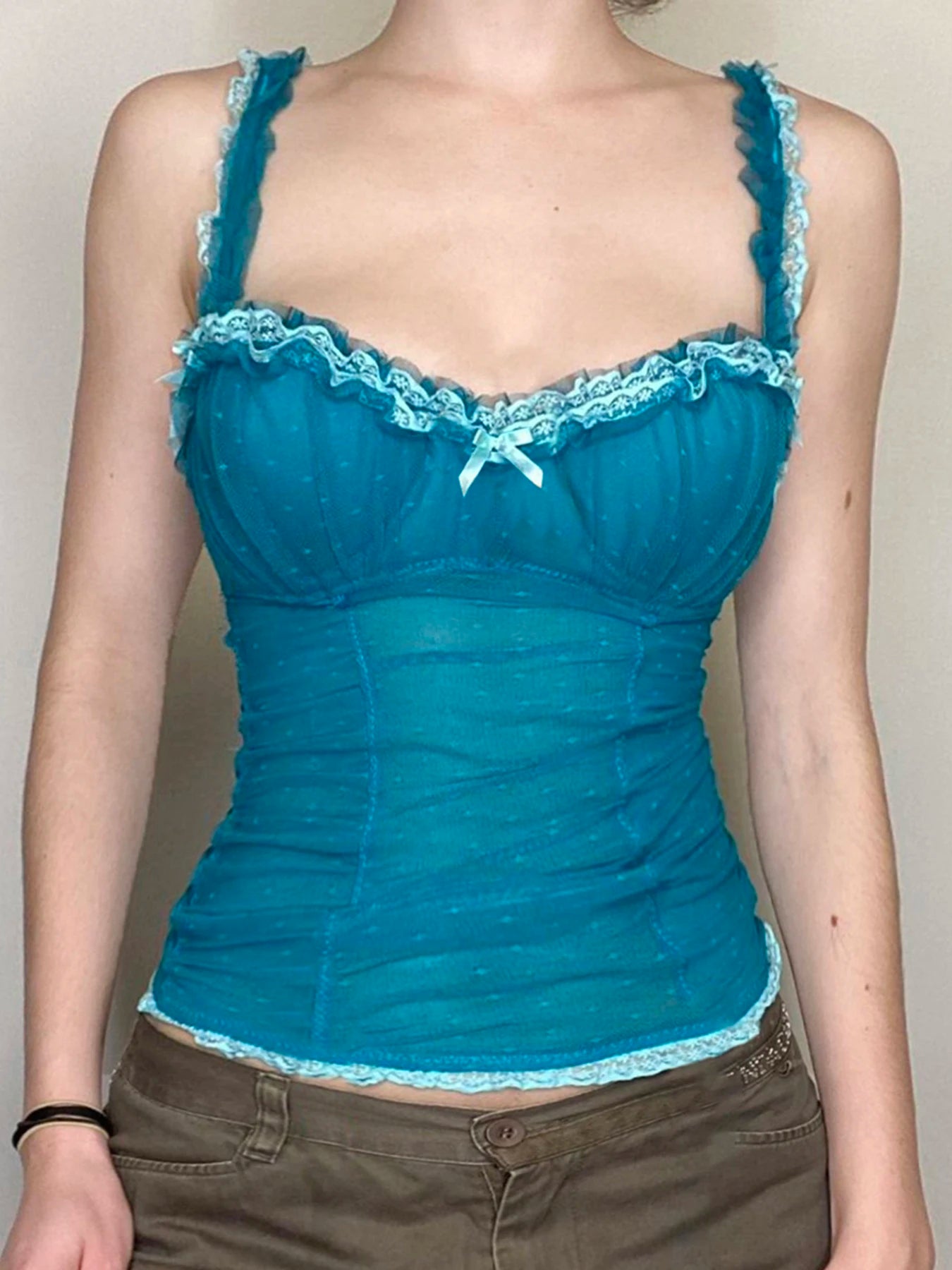 Hnewly Fashion Lace Spliced Dot Prints Skinny Women Camisole Tops Summer Sweet Y2k Backless Bow Blouses