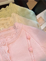 Hnewly  Korean Sweater Cardigan Women's Spring Autumn 2025 Versatile Soft Knitted Jacket Elegant Lace Single Breasted Long Sleeved Top