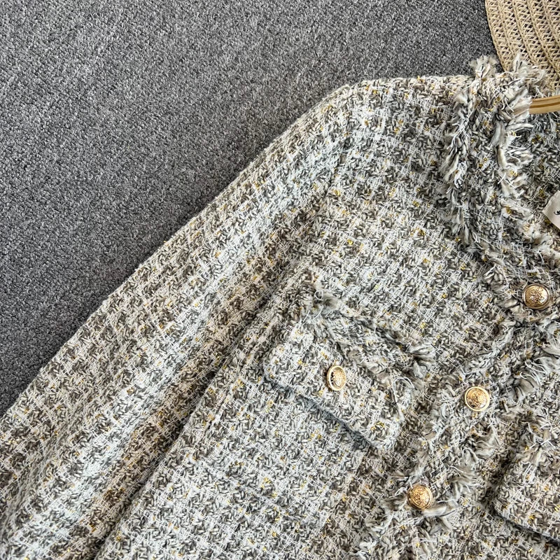 Hnewly  Woven Tweed Jacket Women Autumn Winter New Slim O-neck Single Breasted Coat Elegant Raw Edge Tassel Long Sleeve Blazer