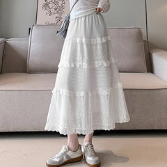 Hnewly  New Lace Pleated Skirts for Women Spring Autumn White Hollow High Waist Skirts Woman Elastic Waist A-Line Skirt Mujer