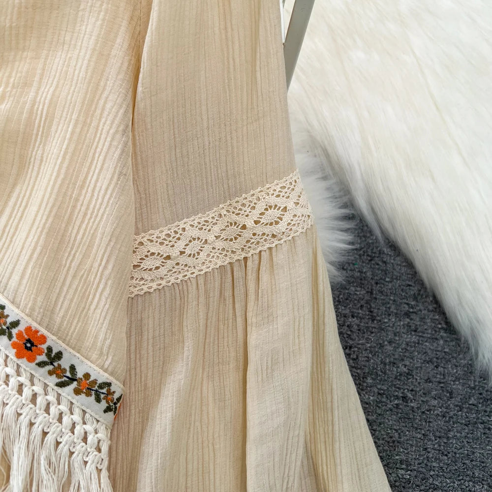 Hnewly  Tassel Patchwork V-neck Vacation Dress Sweet Lantern Sleeves Loose Mid Length A-line Dresses Elegant Embroidery Beach Vestido
