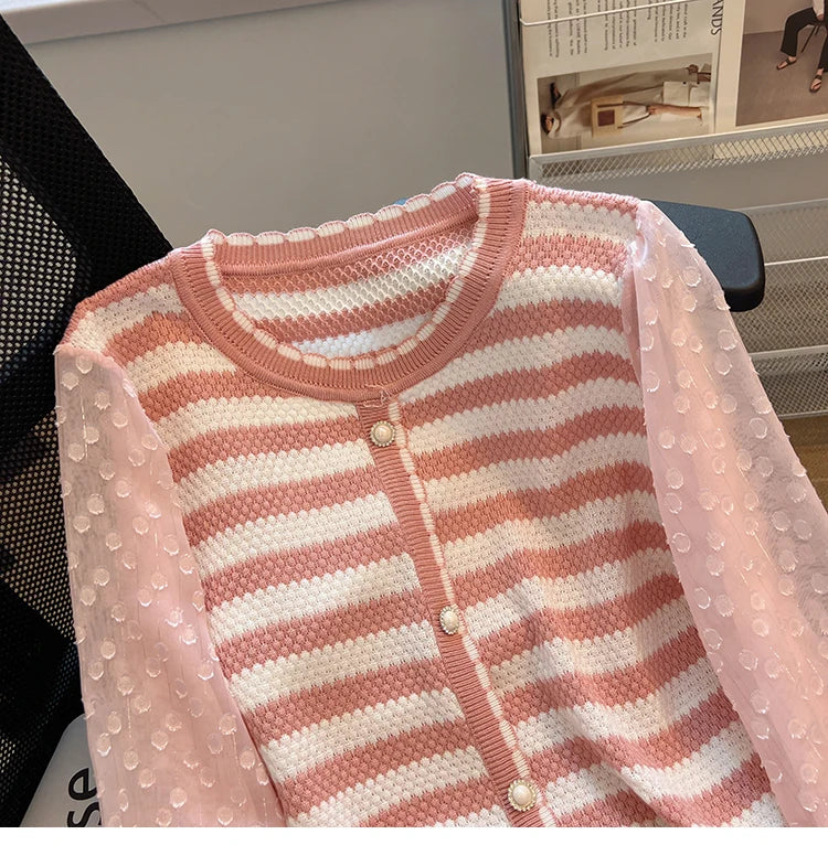 Hnewly  Striped knitted Sweater For Women's Spring Autumn French Elegant Round Neck Long Sleeved Patchwork Chiffon Loose All-Matched Top