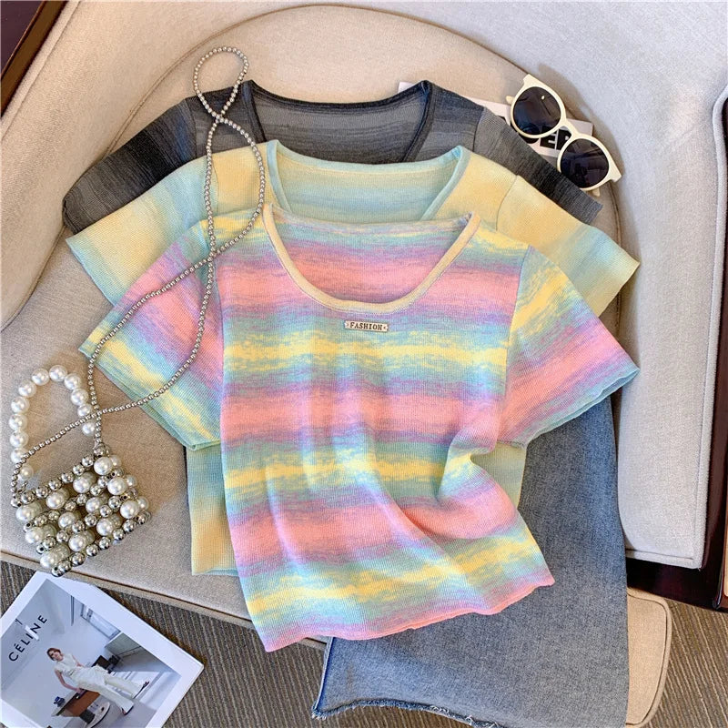Hnewly  Contrast Striped T-shirt For Women's Summer Knitted Short Sleeved Tee  Cool Girls Fashion High Street Square Collar Short Top