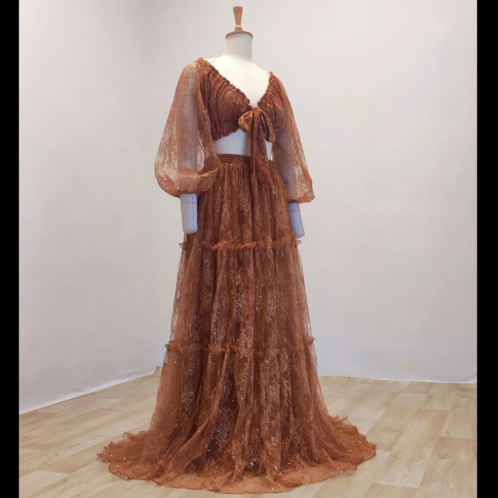 Hnewly  Maternity Gown For Photo Shoot V-neck And Off Shoulder Lace Dress Two-piece Set Boho Pregnant Dress Photography Dress For Women