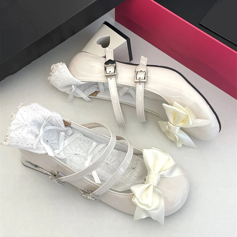 Hnewly Pink Mary Jane Lolita Shoes Women Autumn Y2K Patent Leather Low Heels Pumps Woman Silk Bowtie Ankle Straps Party Shoes