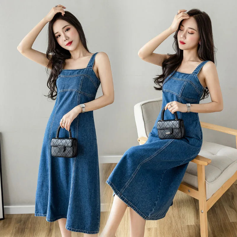 Hnewly  Denim Spaghetti Strap Dress New Summer Women's Retro Strap A-Line Dress Classic Blue Tea-Length Versatile Slim Sun Dresses