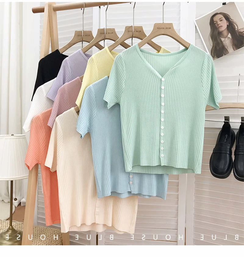 Hnewly  Knitted Short Sleeved T-shirt Sweater Women Spring  Summer 2025 Thin Loose V-neck Single Breasted Top Solid Short Cardigan Coat