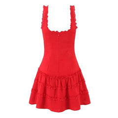 Lunivop  French Style Fungus Edge Red Sleeveless Dress Women O Neck A-line Slim Summer Short Dresses Holiday Robe Tank Vestidos
