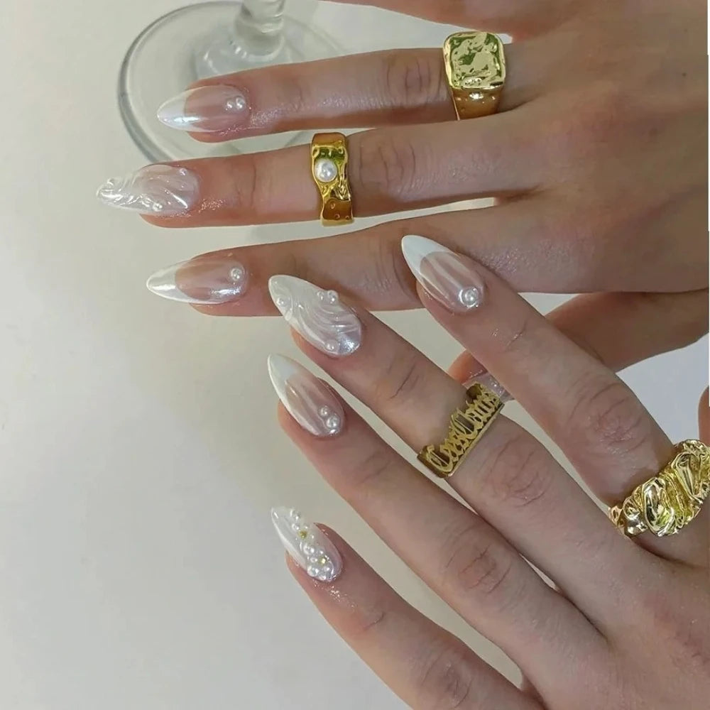 Hnewly French Handmade Manicure Medium Almond Fake Nails Elegant & Minimalist  Nails Press On Nails Design with Adhesive Nail File Set