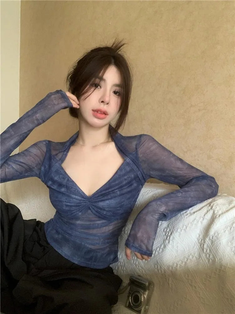 Hnewly  Vintage V-neck Ruched Thin Mesh Tee Shirt Summer New Slim Fit Tops Women Y2k Grunge Long Sleeve Sun Protection T-shirts