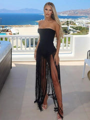 Hnewly  Cutenew Sexy Valentine's Day Bodysuit Women Strapless Patchwork Tassel Beach Vacation Clubwear Midnight Party Tight Body Tops