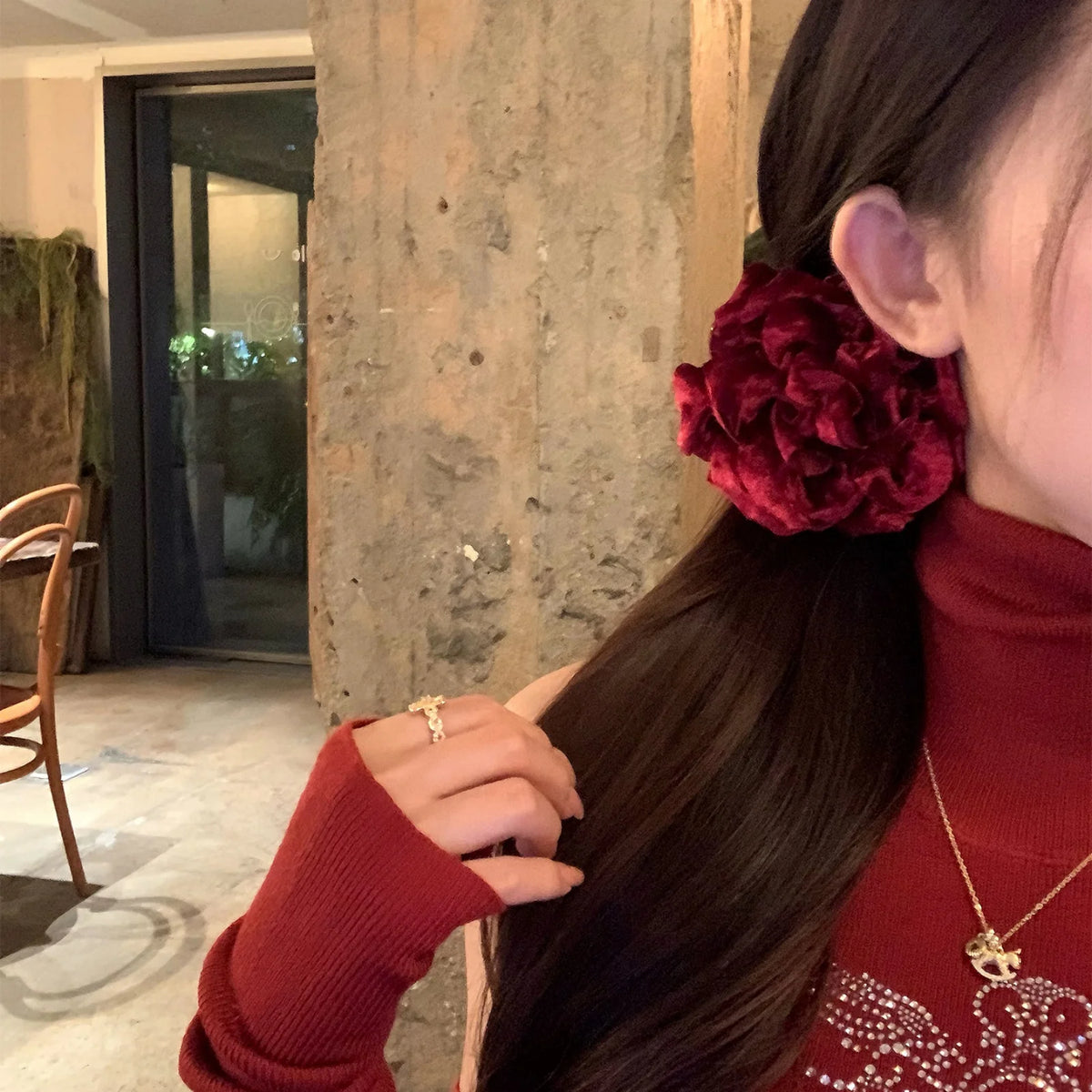 Hnewly  1 Pc New Year Red Velvet Floral Banana Clip, Stunning Atmosphere Hair Accessory, New Arrival Back-of-Head Claw Clip for Updo