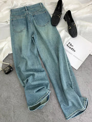 Hnewly  Korean Style Rhinestone Jeans For Women Spring New High Waist Loose Washed Wide Leg Pants Chic Niche Design Straight Denim Pants
