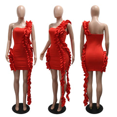 Hnewly  Ruffle Party Red Dress Mini Evening Club Wear Dresses Women Sexy Bodycon Elegant Cocktail Sleeveless Dress