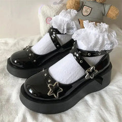 Hnewly Shoes Lolita shoes Women heels platform mary janes Star Buckle Strap Mary Janes Women Cross-tied Girls Rivet Casual kawaii shoes