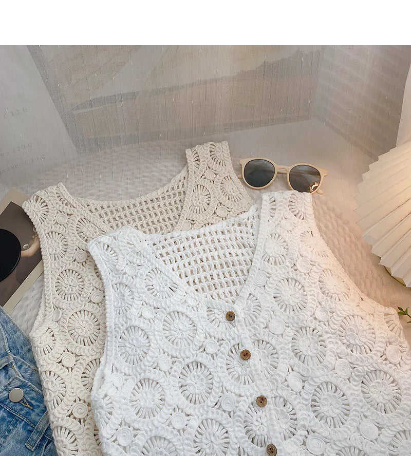 Hnewly Women Summer Hollow Out Knit Vest French Style V-Neck Sleeveless Hooked Flower Sweater 2023 New All-Match Outwear Short Top