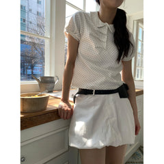 Hnewly Casual Polka Dot Pleated irt ort Sve Turn-down Collar Doll Collar Summer Faion Women's Polyester Fiber 00% Top
