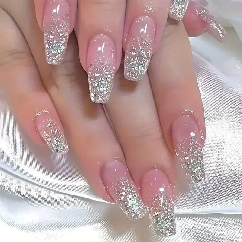 Hnewly 24Pcs False Nails French Gradient Ballet Fake Nails Press on Nails Black Heart Rhinestone Design Glitter Full Cover Nail Tips