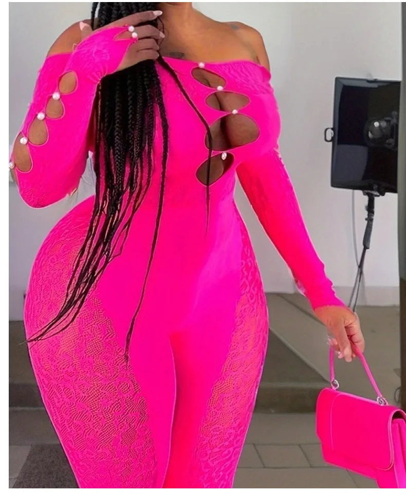 Hnewly New Sexy Jumpsuit One Shoulder Perforated Design, Thickened Dark Stripe Lace Pearl Women Jumpsuits Fashion Slim Women Tops HED2