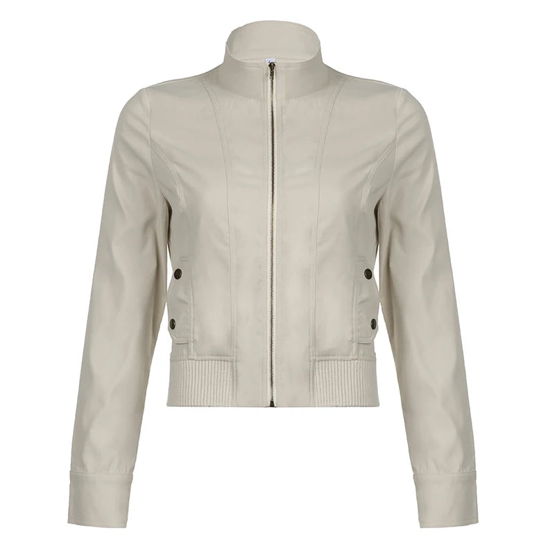 Hnewly Vintage Cropped Jackets Women Stand Collar Solid Color Casual Coats Slim Pocket Zip Up Harajuku Safari Style Outwear