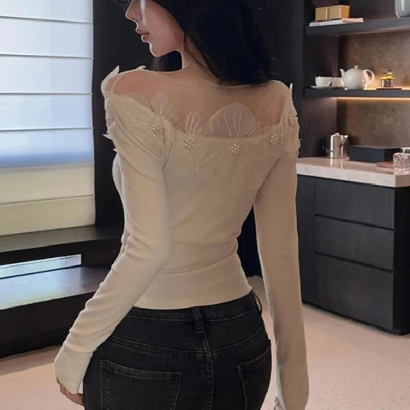 Hnewly y2k Fairycore Top Women Clothes 3D Flower Round Neck Long Sleeve Asymmetrical Hem T Shirt 2000s Clothing Streetwear