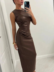 Hnewly  Sleeveless Leather Maxi Dress For Women Tight Pleated Sexy Hip-Hugging Dress Vestido Solid High Waist Party Female Dress