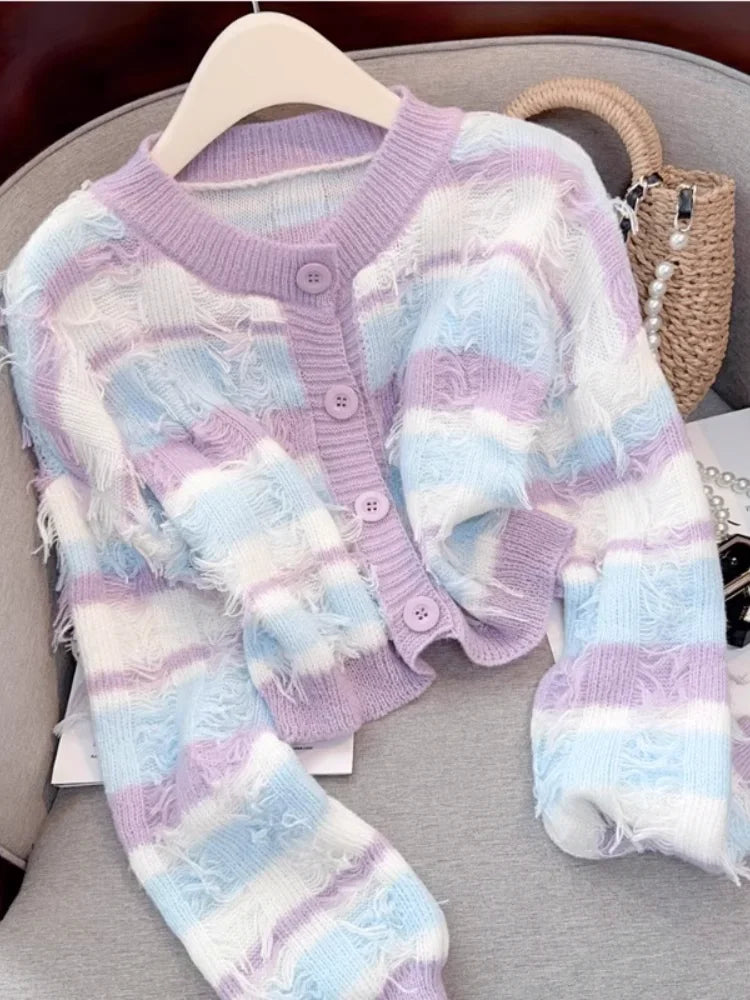 Hnewly Striped Fashion Tassel Sweater Women's Autumn Single Breasted  O-Neck New Short Knitted Cardigan Long Sleeve Top
