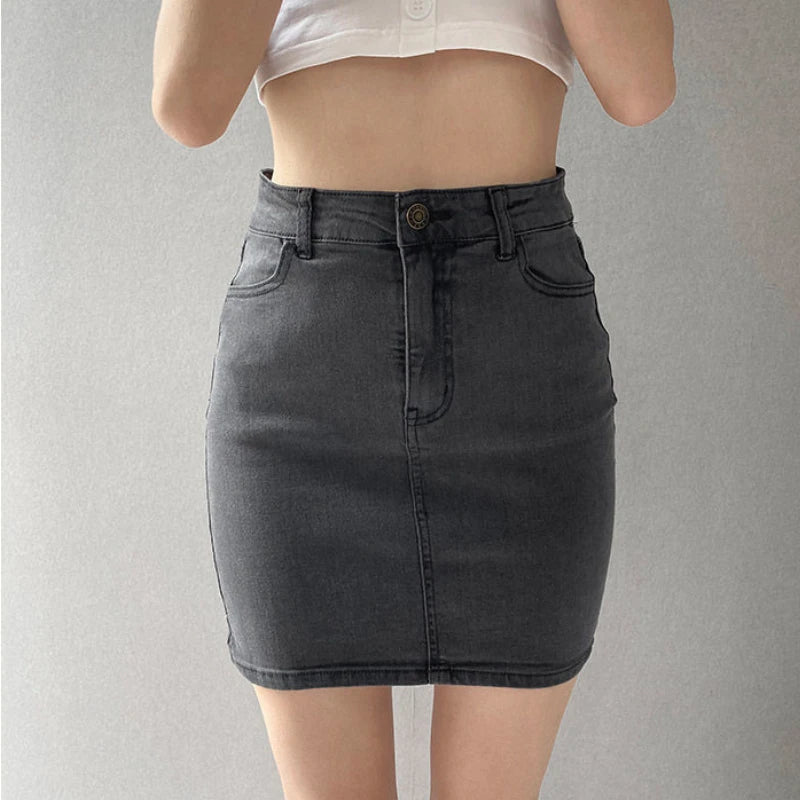 Hnewly Skirts Women America Vintage High Waist Stretchy Bodycon Slim A-line Mini Sexy Denim Jupe Fashion Harajuku Simple Casual Ladies