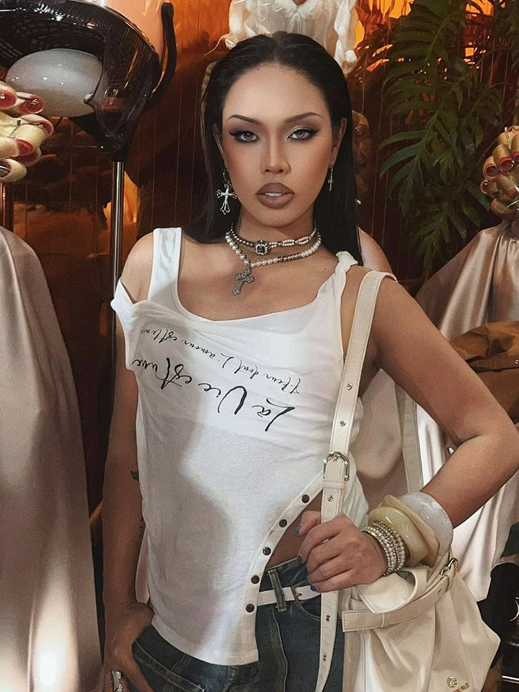 Hnewly  Irregular Button Crop Tops Women Ruched Biased Collar Letter Print Side Slit Daily Casual Simple Street Basic Tees