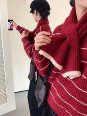 Hnewly  Women's Striped Sweater with Scarf Chunky Knit Loose-fit V-Neck Pullover Striped Jumper Ladies Autumn Winter Classic Chic Outfit