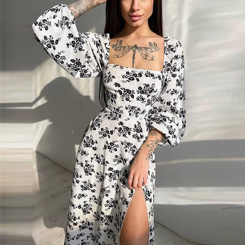Hnewly  Women Elegant Floral Print Slim Long Dress Sexy Square Neck Backless Full Lantern Sleeve Split Robe Lady Vacation Gowns New