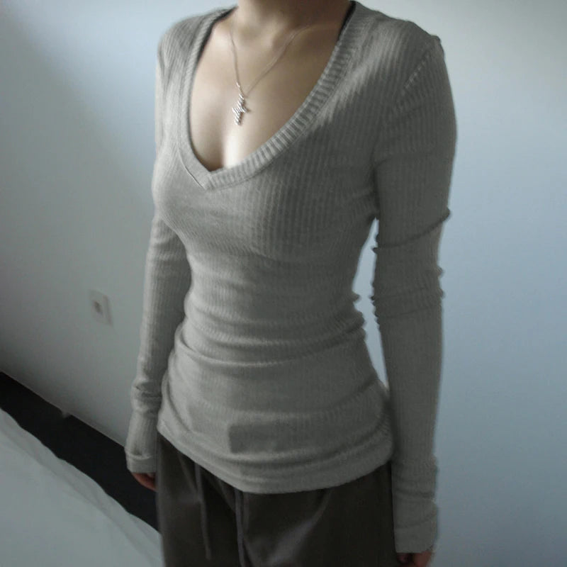 Hnewly Slim-fitting Knitted Crop Top Solid Micro-transparent T-shirt Smock Women Sexy Full Sleeve V-neck Tees Shirts Y2k Vintage