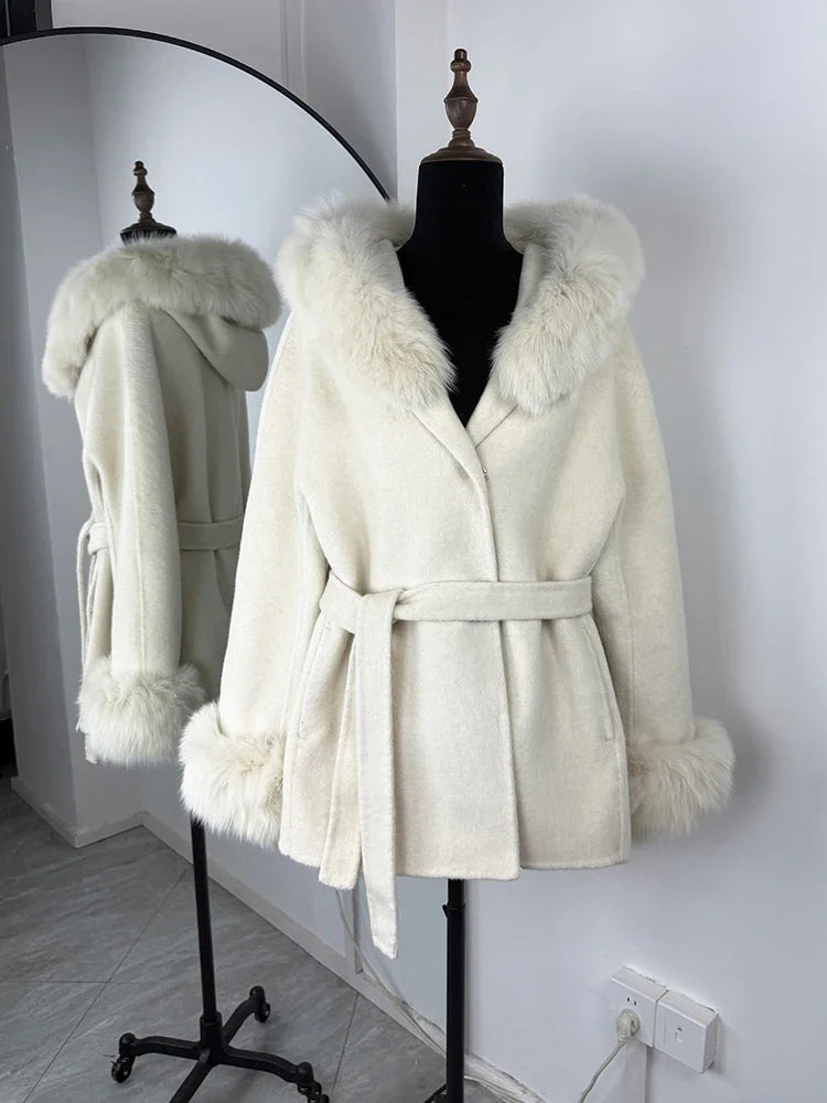 Hnewly  Fashionable Fur Collar Double-Faced Wool Coat Women's Luxe Tie Pocket Button Long Sleeve Jacket Winter New Commuting Coat