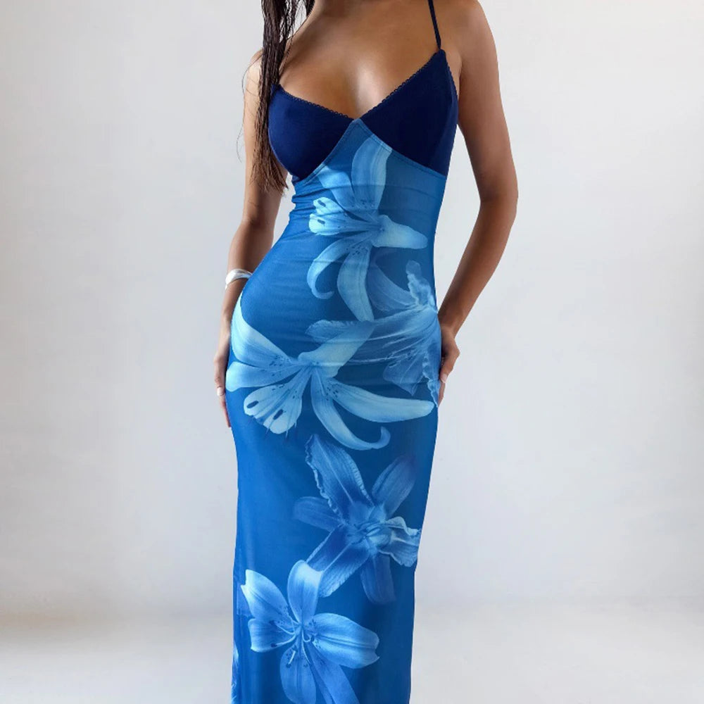 Hnewly  Women's V-neck Printed Dress Sleeveless Slim Slip Long Dress Backless Elegant Sexy Summer Fashion Dress