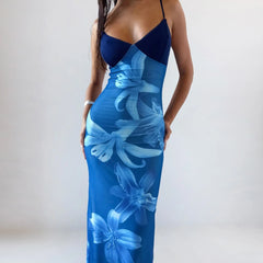 Hnewly  Women's V-neck Printed Dress Sleeveless Slim Slip Long Dress Backless Elegant Sexy Summer Fashion Dress