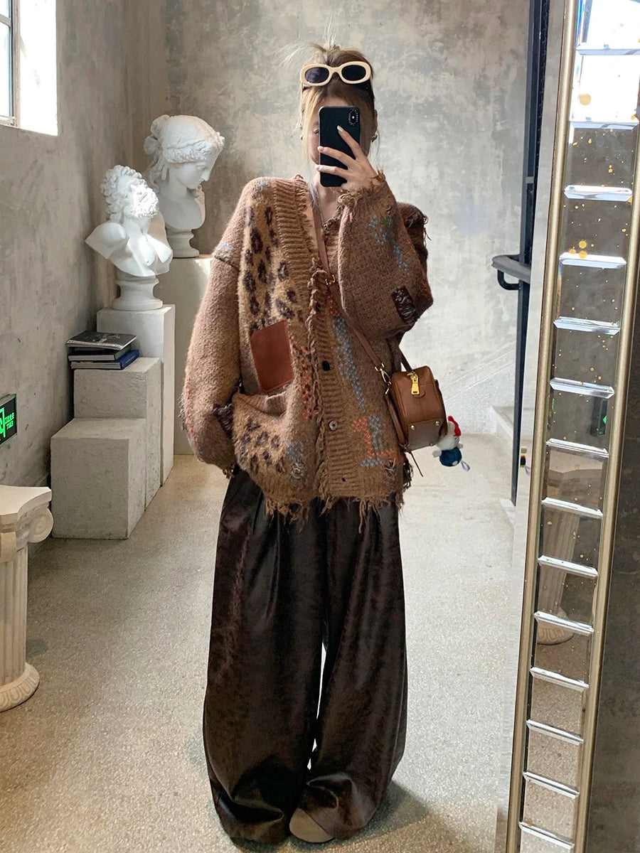 Hnewly Label Patchwork Leopard Cardigan Sweater Women Retro Ripped Tassels Button Down Knit Jacket Thick Warm Winter Outwear
