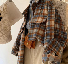 Hnewly Plaid Woolen Shirts Women Tops Vintage Baggy Casual Outwear Fashion Korean Style Pockets All-match Chic Lapel Camisas De Mujer