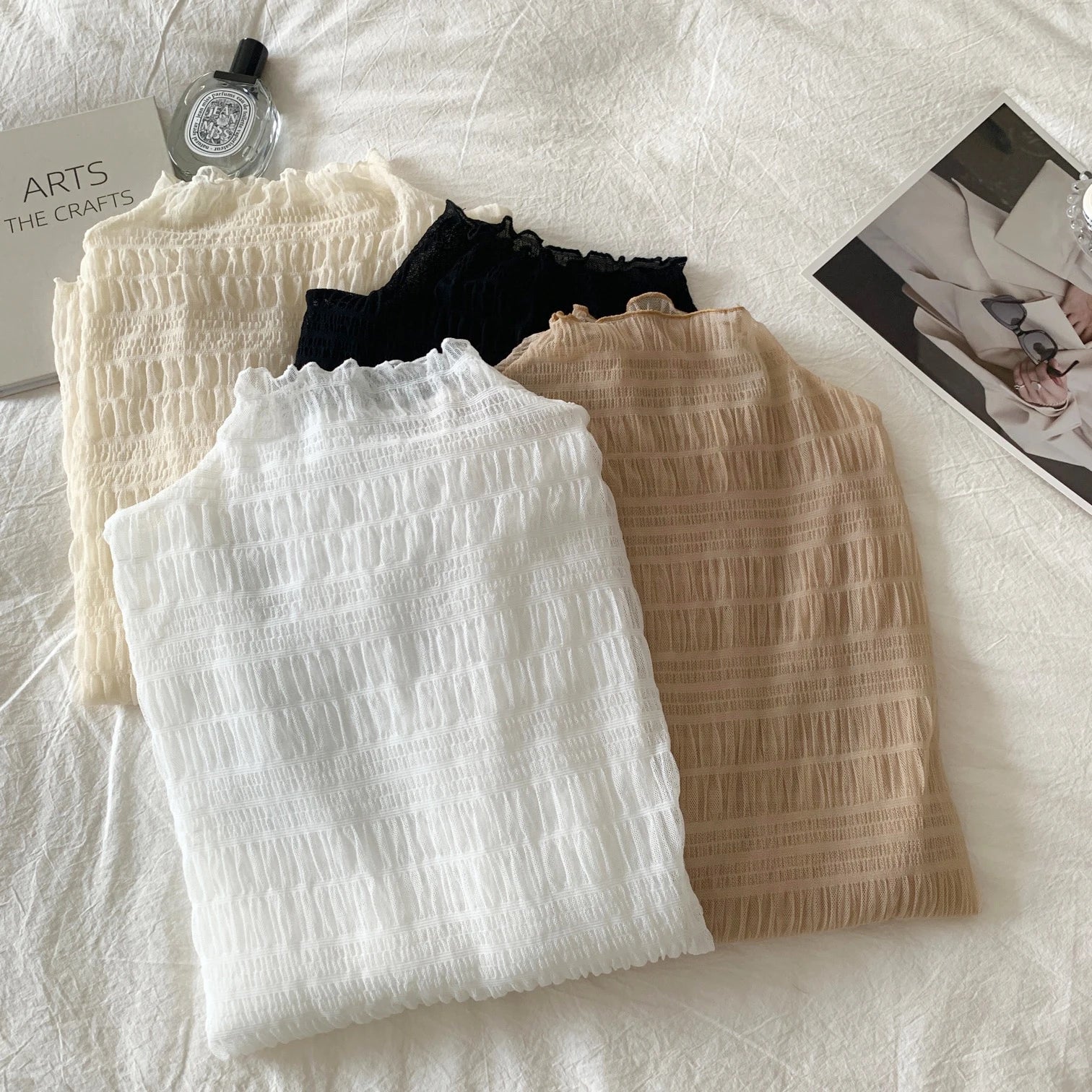 Hnewly Women T-Shirts Vintage Pleat Long SleeveTop Spring Autumn Mesh Fabric Lace Half Turtleneck Korean Fashion All-match Shirt