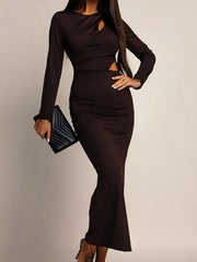 Hnewly  Office Ladies O-neck Long Sleeved Spring Dress Simple Elegant Temperament Elegant Banquet Dress New Fashion Street Long Dresses