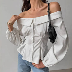 Lunivop  New Spring Autumn French Sexy Off The Shoulder Office Lady Blouse Y2k Fashion Euramerican Slim Waist Draped Clothes Harajuku Top