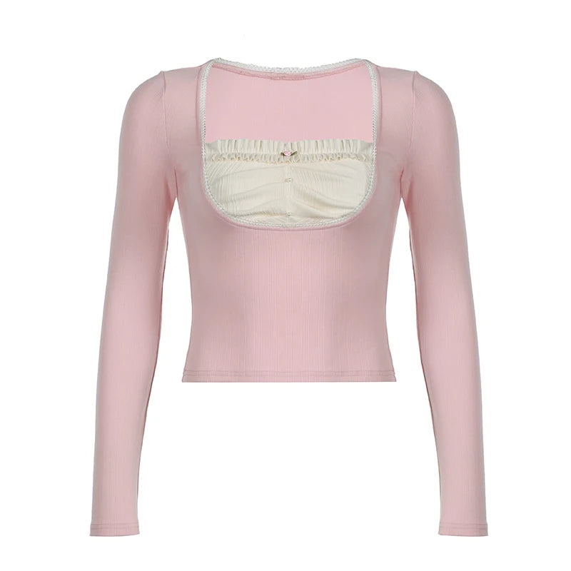 Hnewly Cute Square Collar T Shirts Knitwear Full Sleeve Sweet Slim-fitting Crop Top Women Kawaii Coquette T-shirts y2k Aesthetic